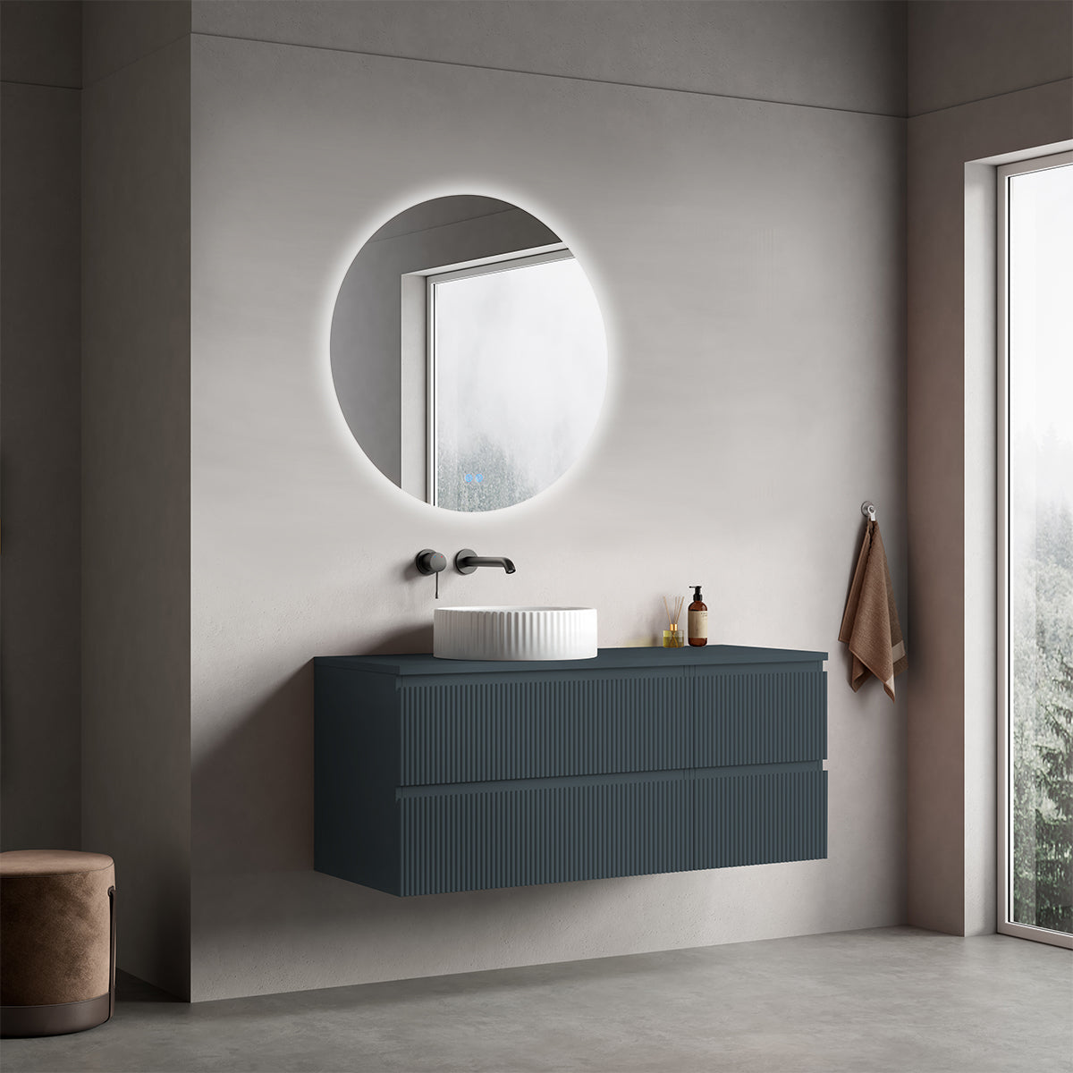 Mobile bagno sospeso cannettato reversibile  120 cm Blu Mare per Lavabo d'appoggio Specchio Tondo Retroilluminato - Fiji Paint Top Canneté