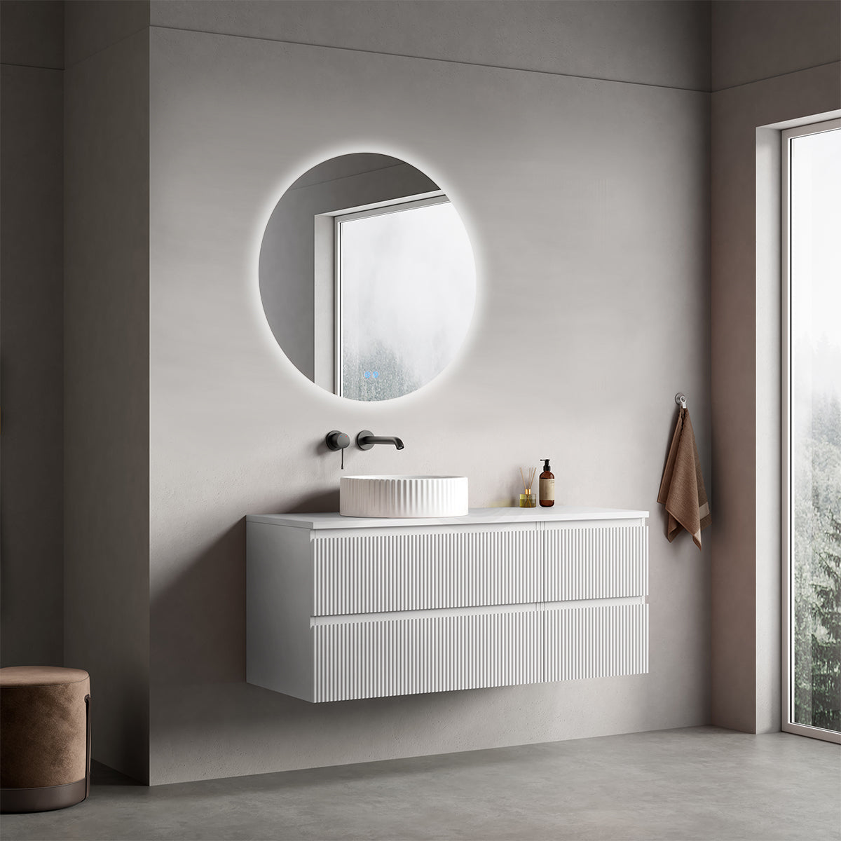 Mobile bagno sospeso cannettato reversibile  120 cm Bianco Opaco per Lavabo d'appoggio Specchio Tondo Retroilluminato - Fiji Paint Top Canneté
