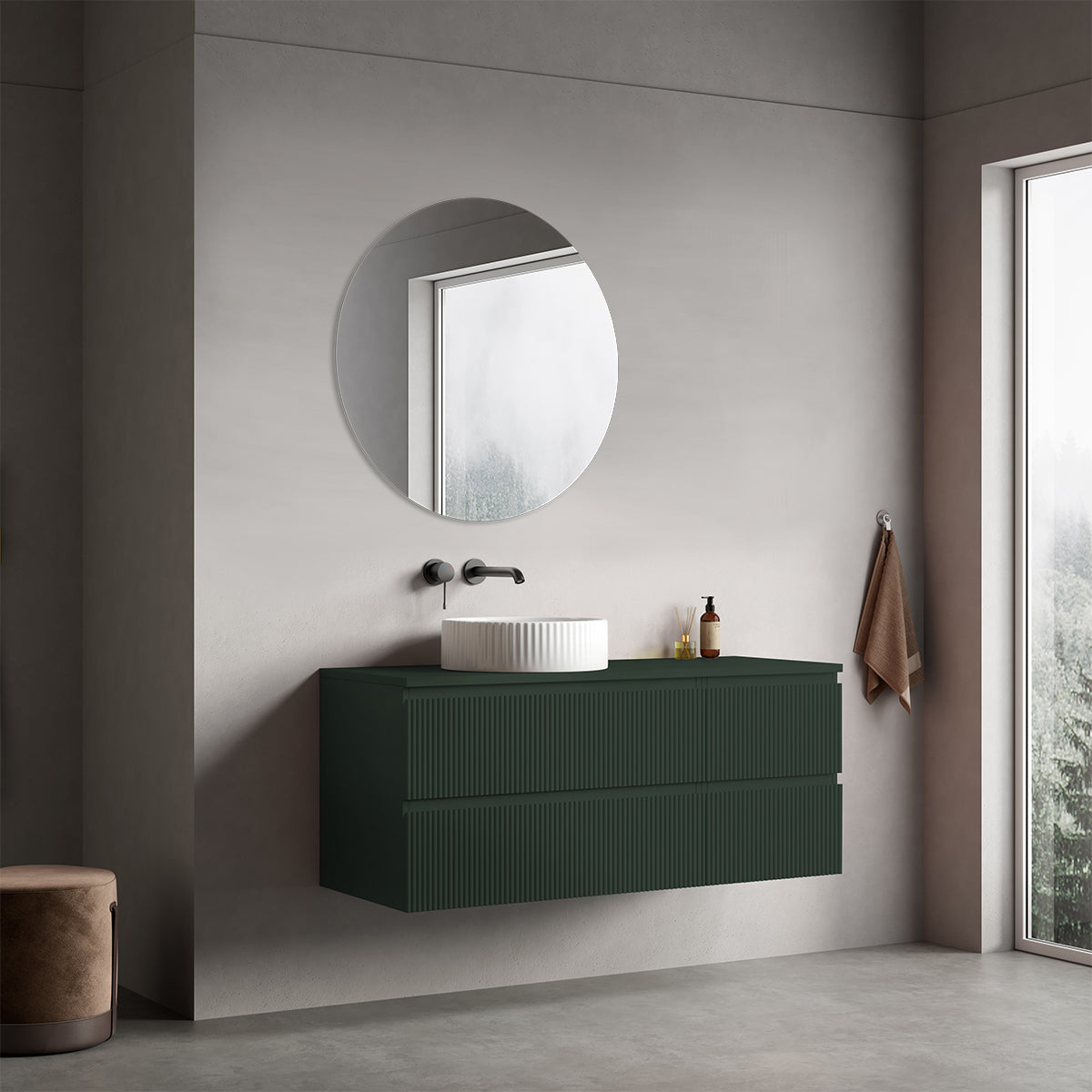 Mobile bagno sospeso cannettato reversibile  120 cm Verde Comodoro  per Lavabo d'appoggio Specchio Tondo - Fiji Paint Top Canneté