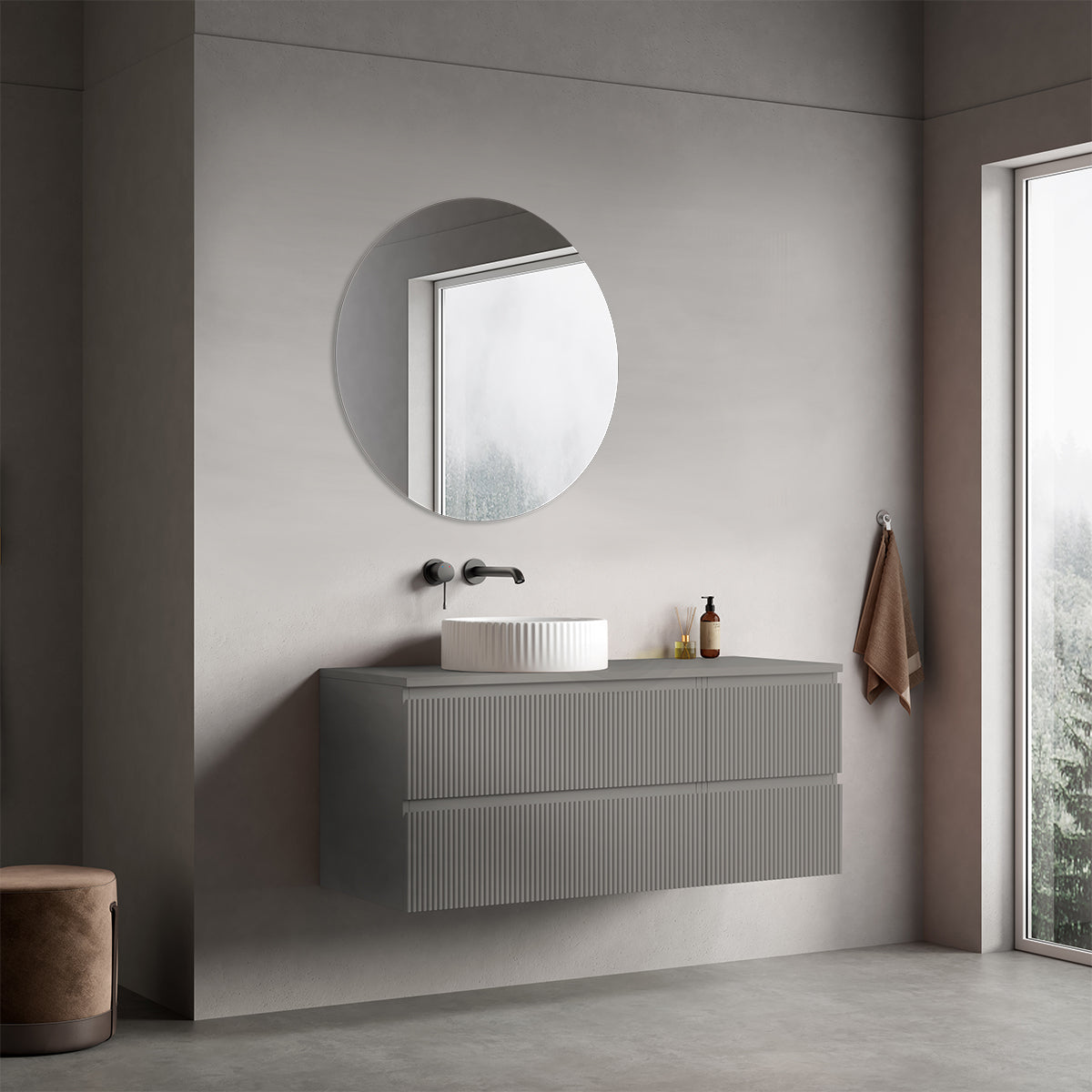 Mobile bagno sospeso cannettato reversibile  120 cm Grigio Londra per Lavabo d'appoggio Specchio Tondo - Fiji Paint Top Canneté