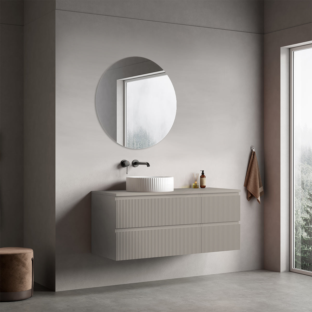 Mobile bagno sospeso cannettato reversibile  120 cm Grigio Cenere  per Lavabo d'appoggio Specchio Tondo - Fiji Paint Top Canneté