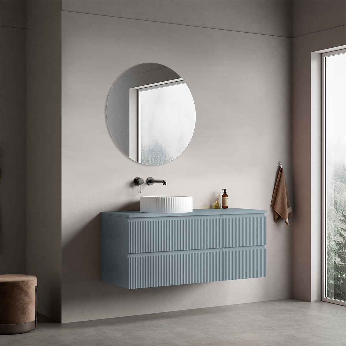 Mobile bagno sospeso cannettato reversibile  120 cm Blu Avio per Lavabo d'appoggio Specchio Tondo - Fiji Paint Top Canneté