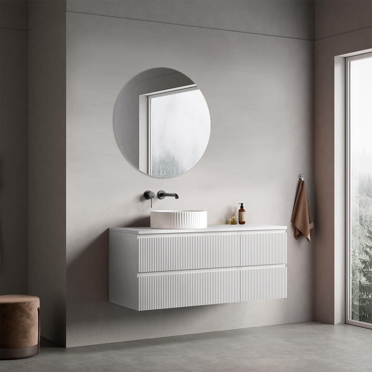 Mobile bagno sospeso cannettato reversibile  120 cm Bianco Opaco per Lavabo d'appoggio Specchio Tondo - Fiji Paint Top Canneté