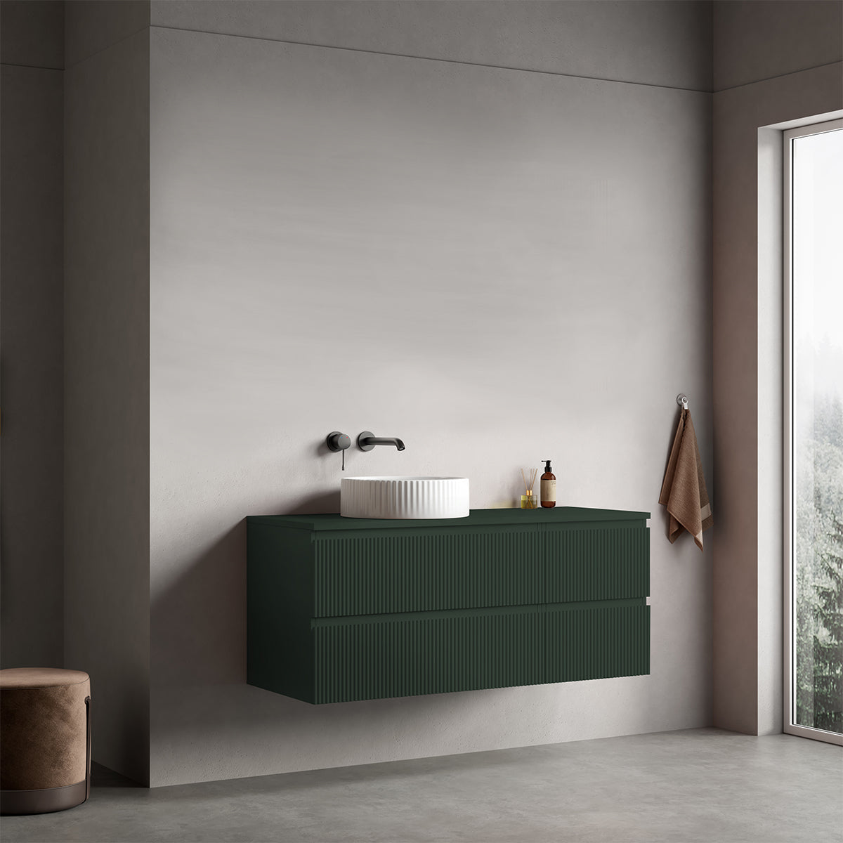 Mobile bagno sospeso cannettato reversibile  120 cm Verde Comodoro  per Lavabo d'appoggio Senza Specchio - Fiji Paint Top Canneté