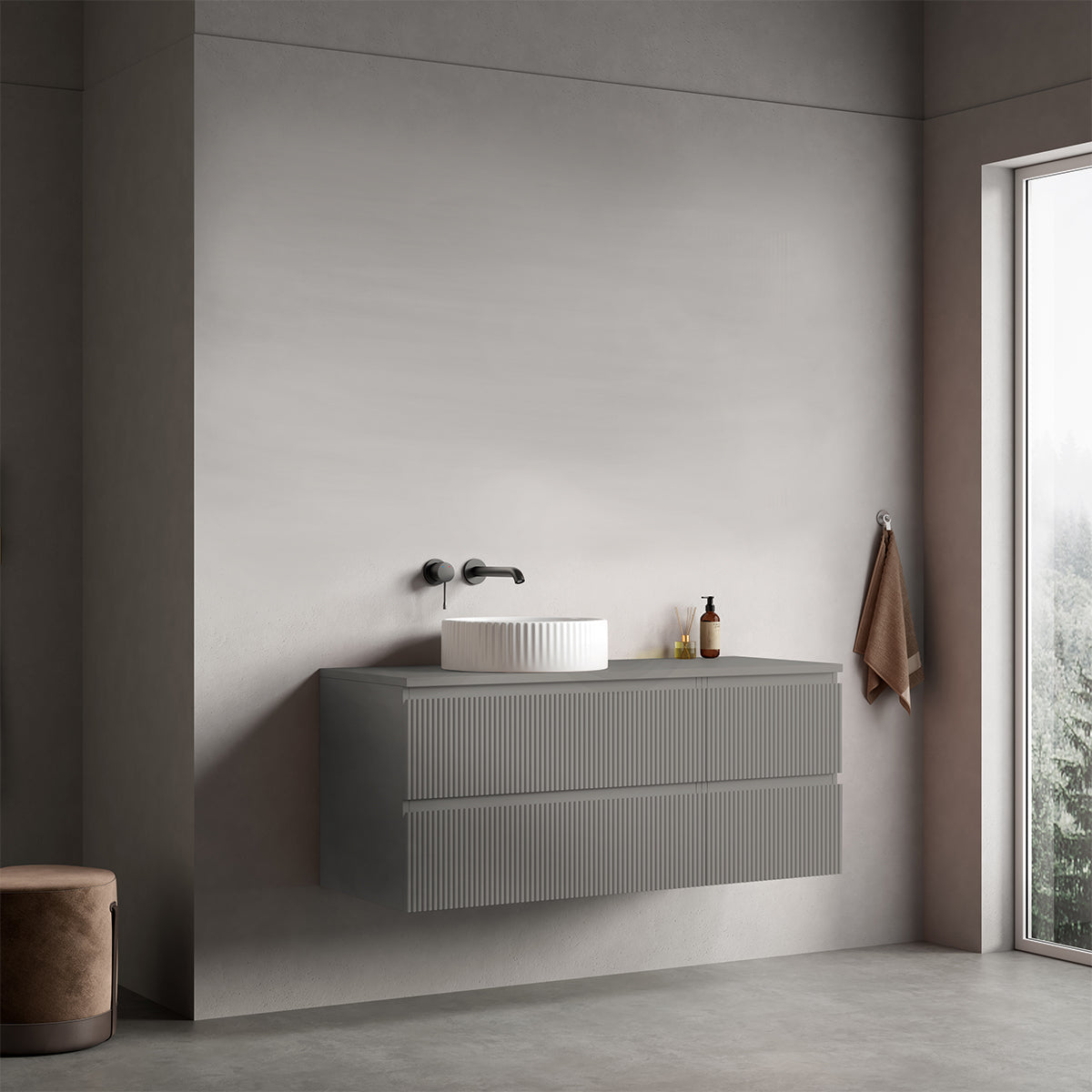 Mobile bagno sospeso cannettato reversibile  120 cm Grigio Londra per Lavabo d'appoggio Senza Specchio - Fiji Paint Top Canneté