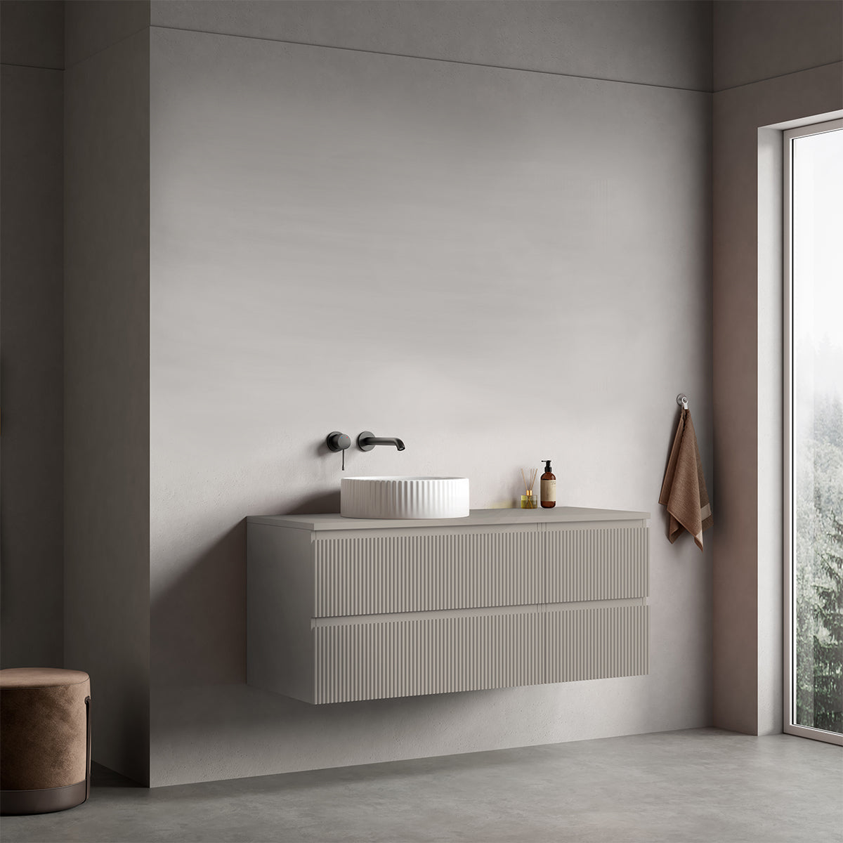 Mobile bagno sospeso cannettato reversibile  120 cm Grigio Cenere  per Lavabo d'appoggio Senza Specchio - Fiji Paint Top Canneté