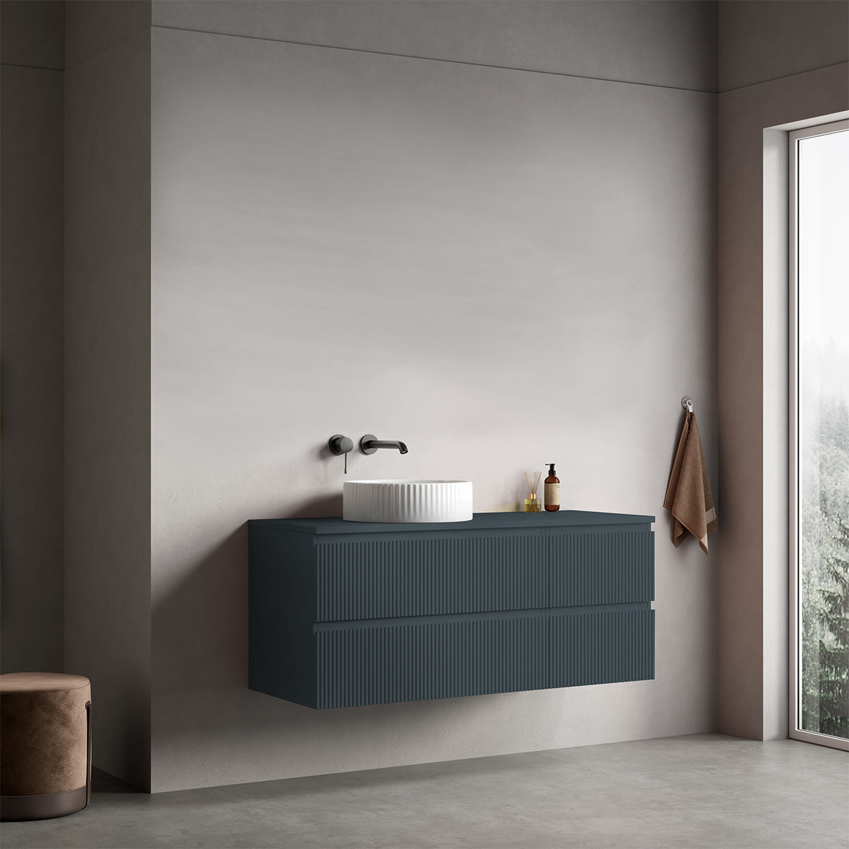 Mobile bagno sospeso cannettato reversibile  120 cm Blu Mare per Lavabo d'appoggio Senza Specchio - Fiji Paint Top Canneté