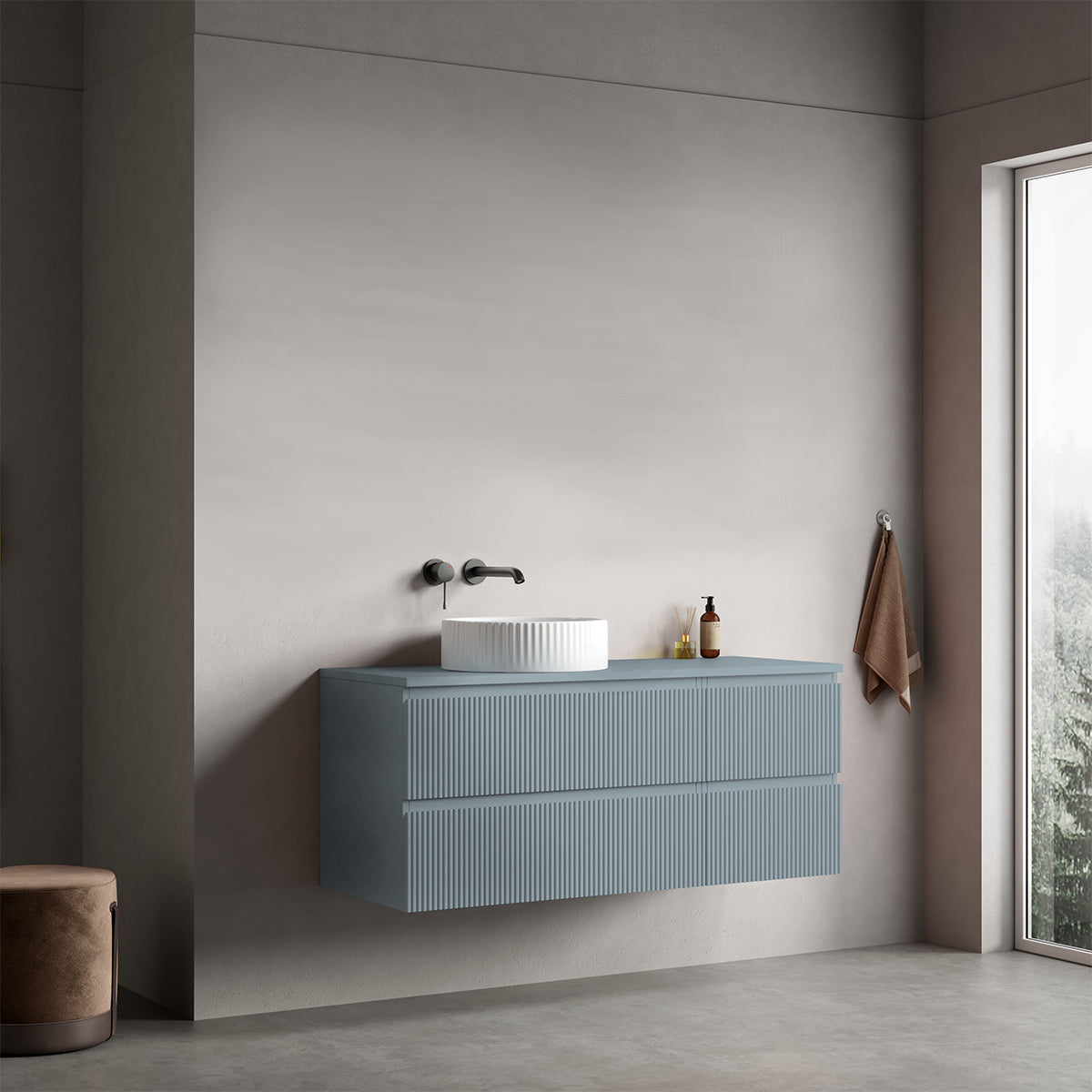 Mobile bagno sospeso cannettato reversibile  120 cm Blu Avio per Lavabo d'appoggio Senza Specchio - Fiji Paint Top Canneté