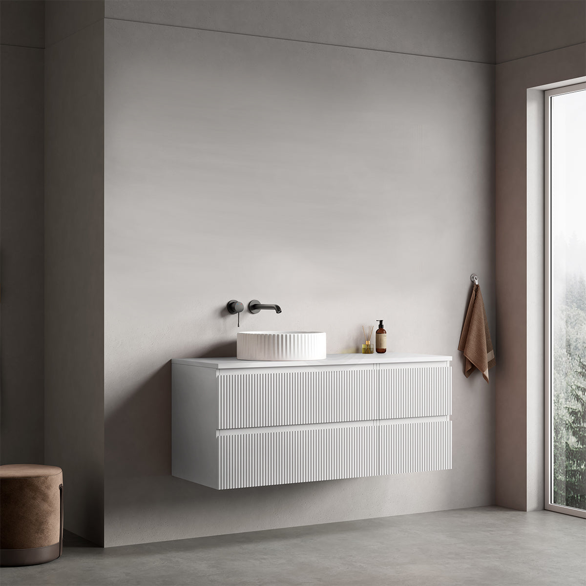 Mobile bagno sospeso cannettato reversibile  120 cm Bianco Opaco per Lavabo d'appoggio Senza Specchio - Fiji Paint Top Canneté