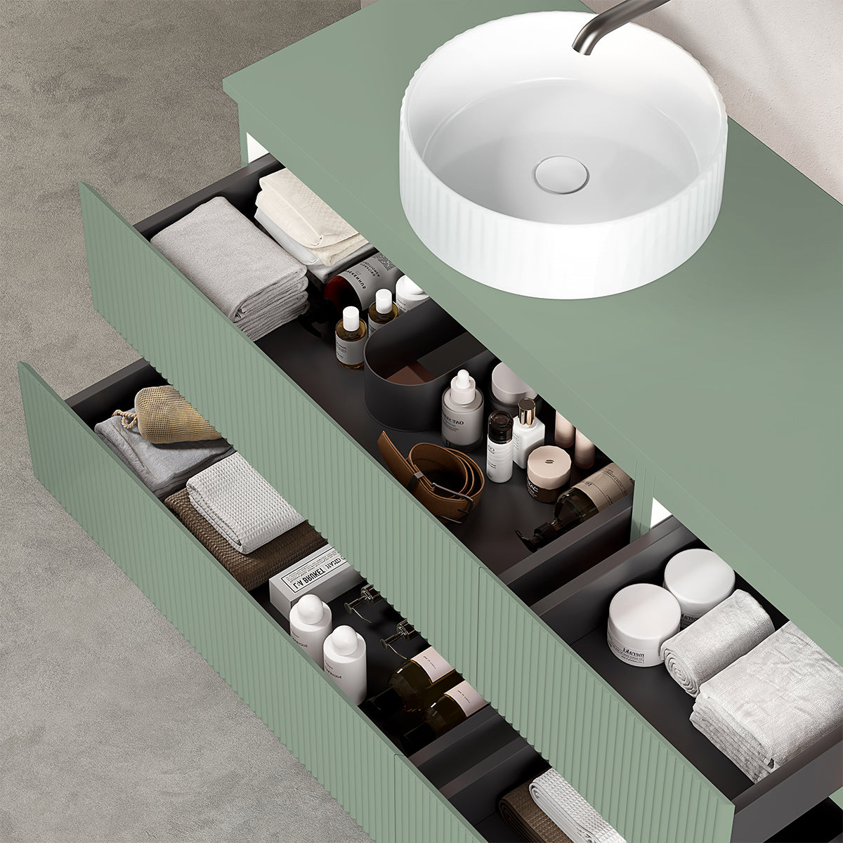 Mobile bagno sospeso cannettato reversibile  120 cm Verde Salvia per Lavabo d'appoggio Specchio Quadro - Fiji Paint Top Canneté