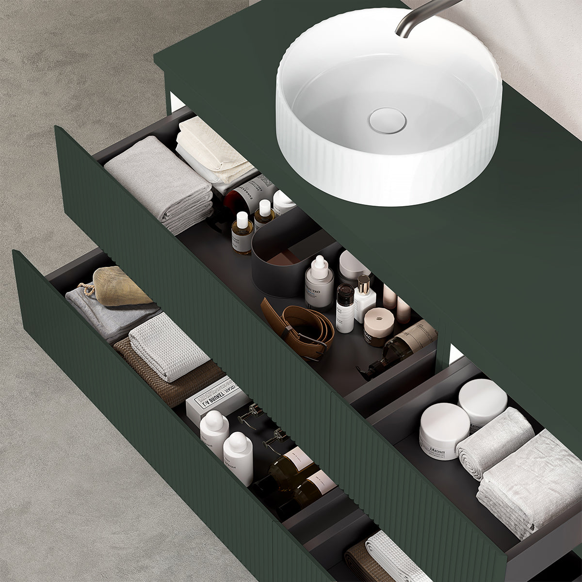 Mobile bagno sospeso cannettato reversibile  120 cm Verde Comodoro  per Lavabo d'appoggio Specchio Tondo - Fiji Paint Top Canneté