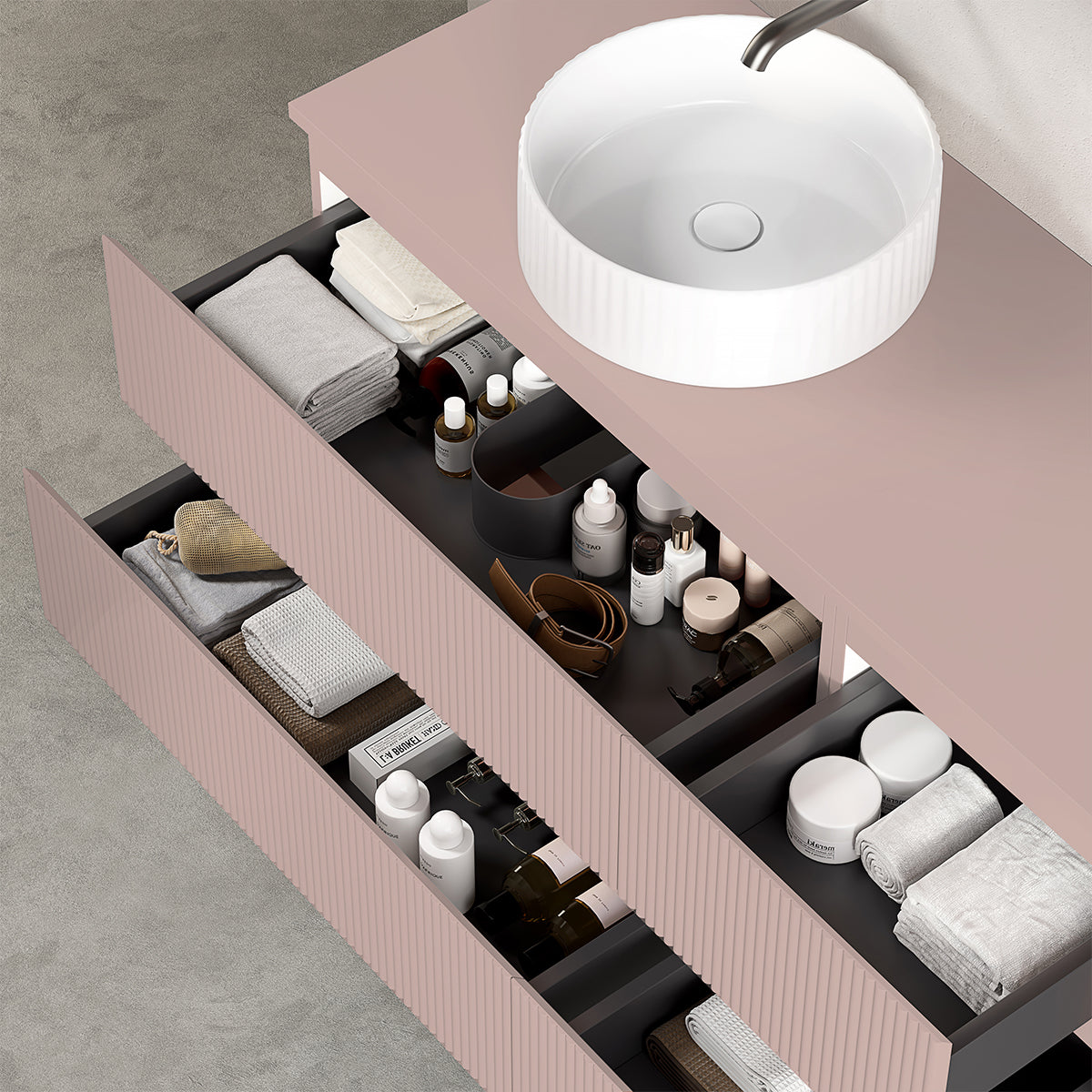 Mobile bagno sospeso cannettato reversibile  120 cm Rosa Retrò per Lavabo d'appoggio Specchio Tondo Retroilluminato - Fiji Paint Top Canneté