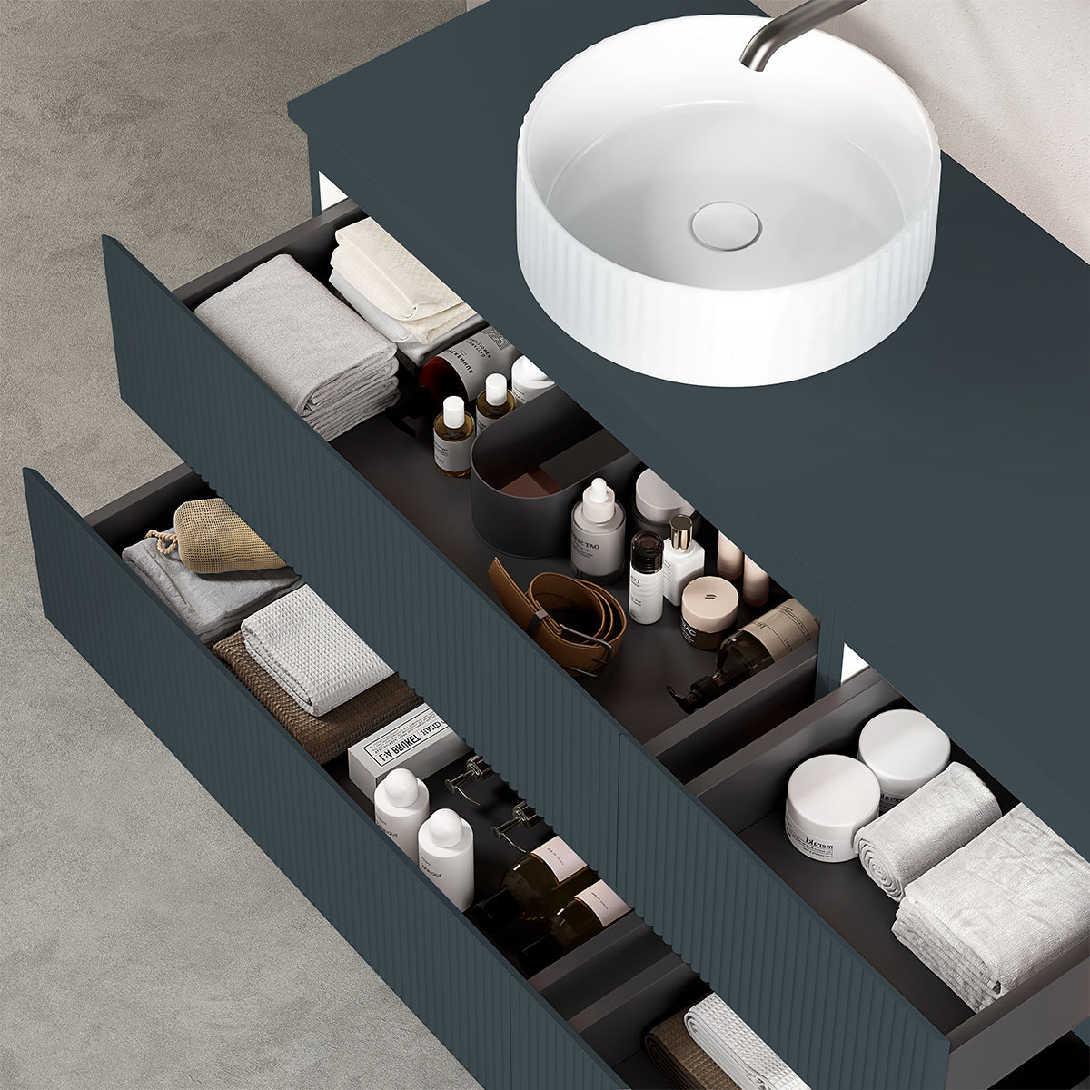 Mobile bagno sospeso cannettato reversibile  120 cm Blu Mare per Lavabo d'appoggio Specchio Quadro - Fiji Paint Top Canneté