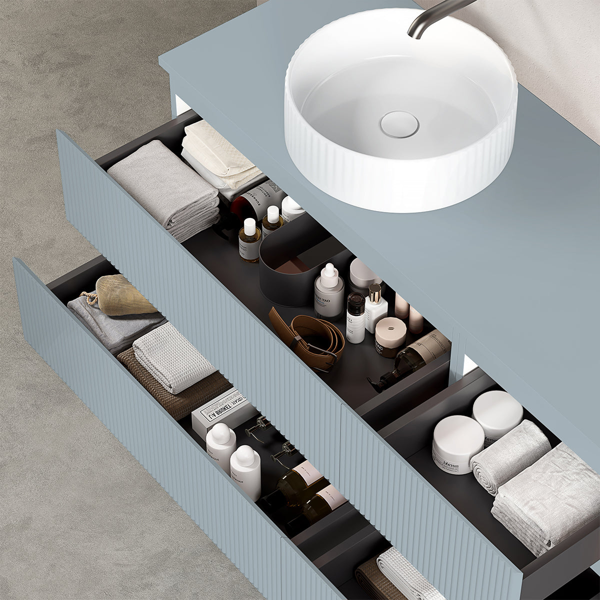 Mobile bagno sospeso cannettato reversibile  120 cm Blu Avio per Lavabo d'appoggio Senza Specchio - Fiji Paint Top Canneté