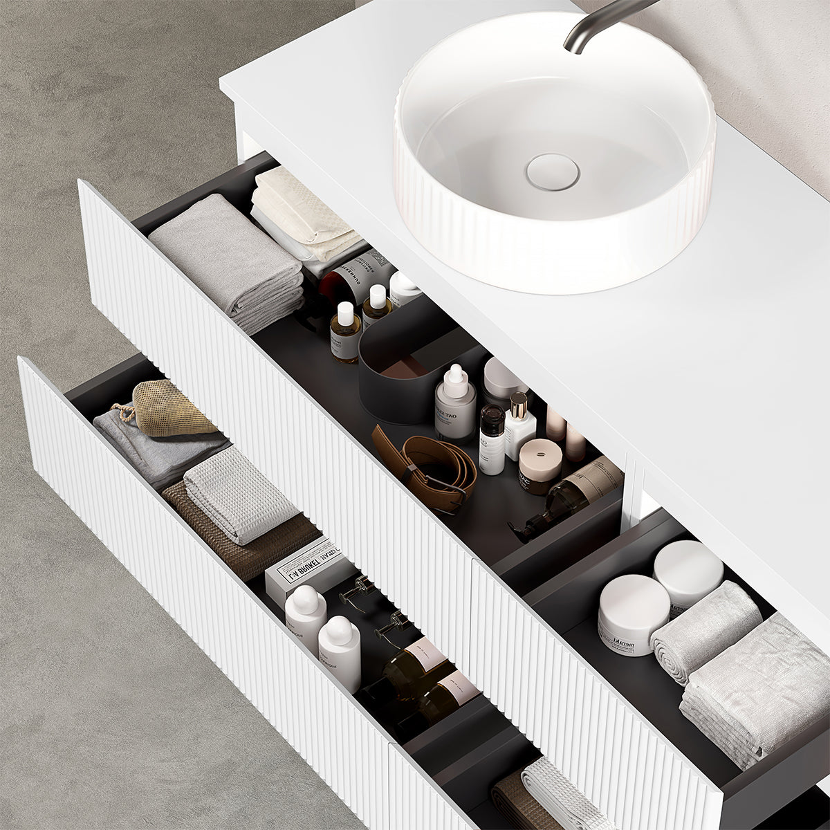 Mobile bagno sospeso cannettato reversibile  120 cm Bianco Opaco per Lavabo d'appoggio Senza Specchio - Fiji Paint Top Canneté