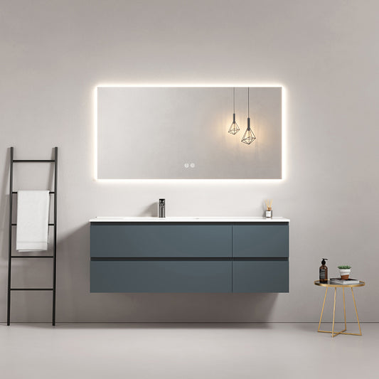 Mobile bagno sospeso 140 cm Blu Mare Lavabo a Sinistra in Resina Specchio Quadro Retroilluminato - Fiji Paint