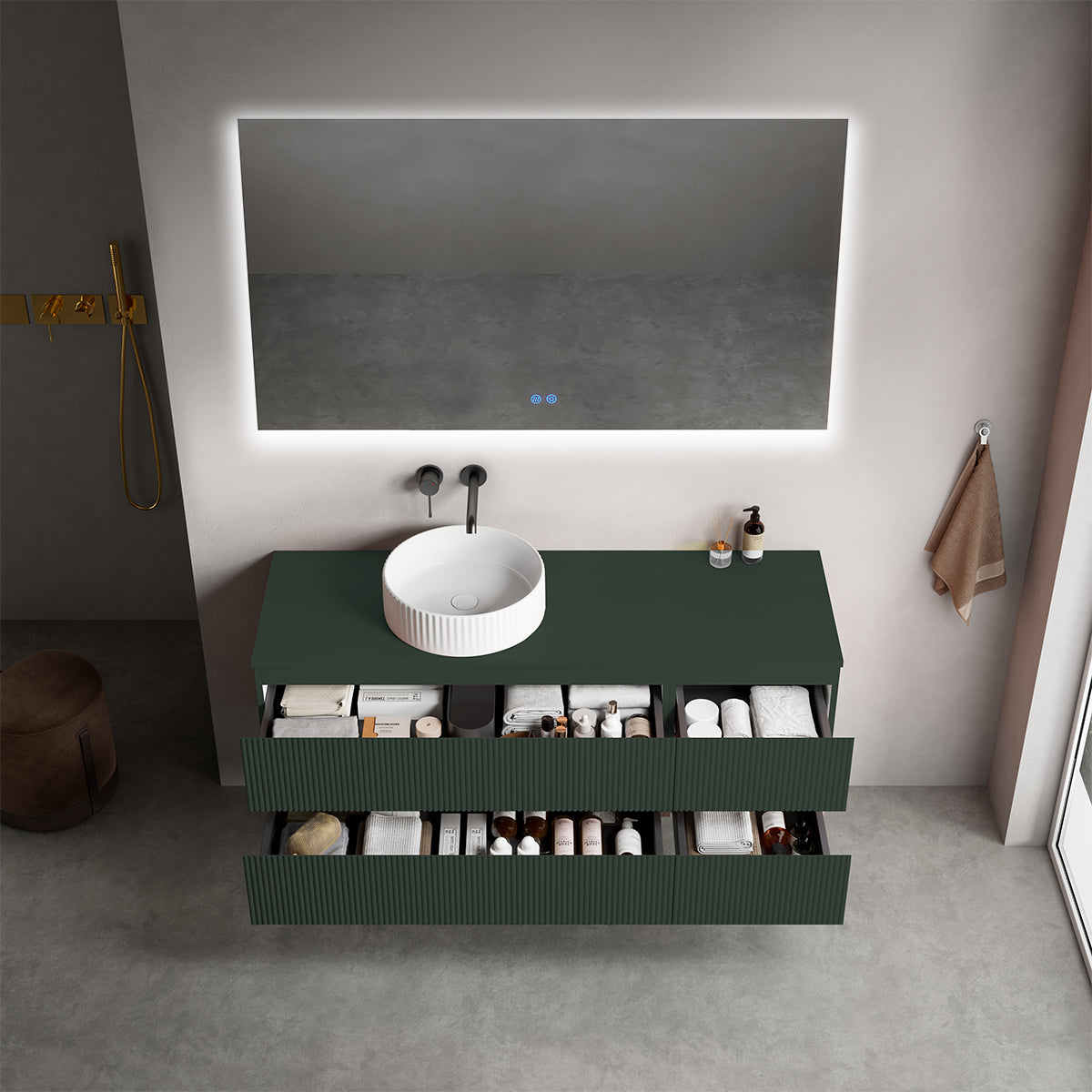 Mobile bagno sospeso cannettato reversibile  140 cm Verde Comodoro  per Lavabo d'appoggio Specchio Quadro Retroilluminato - Fiji Paint Top Canneté