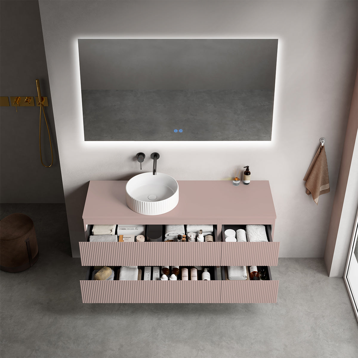 Mobile bagno sospeso cannettato reversibile  140 cm Rosa Retrò per Lavabo d'appoggio Specchio Quadro Retroilluminato - Fiji Paint Top Canneté