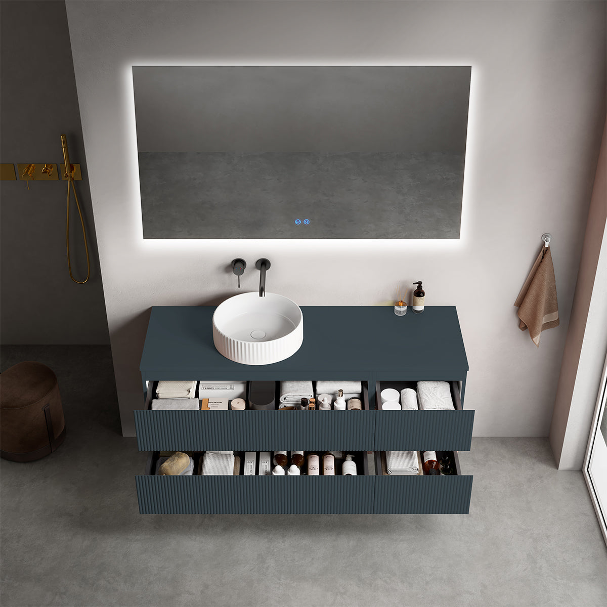 Mobile bagno sospeso cannettato reversibile  140 cm Blu Mare per Lavabo d'appoggio Specchio Quadro Retroilluminato - Fiji Paint Top Canneté