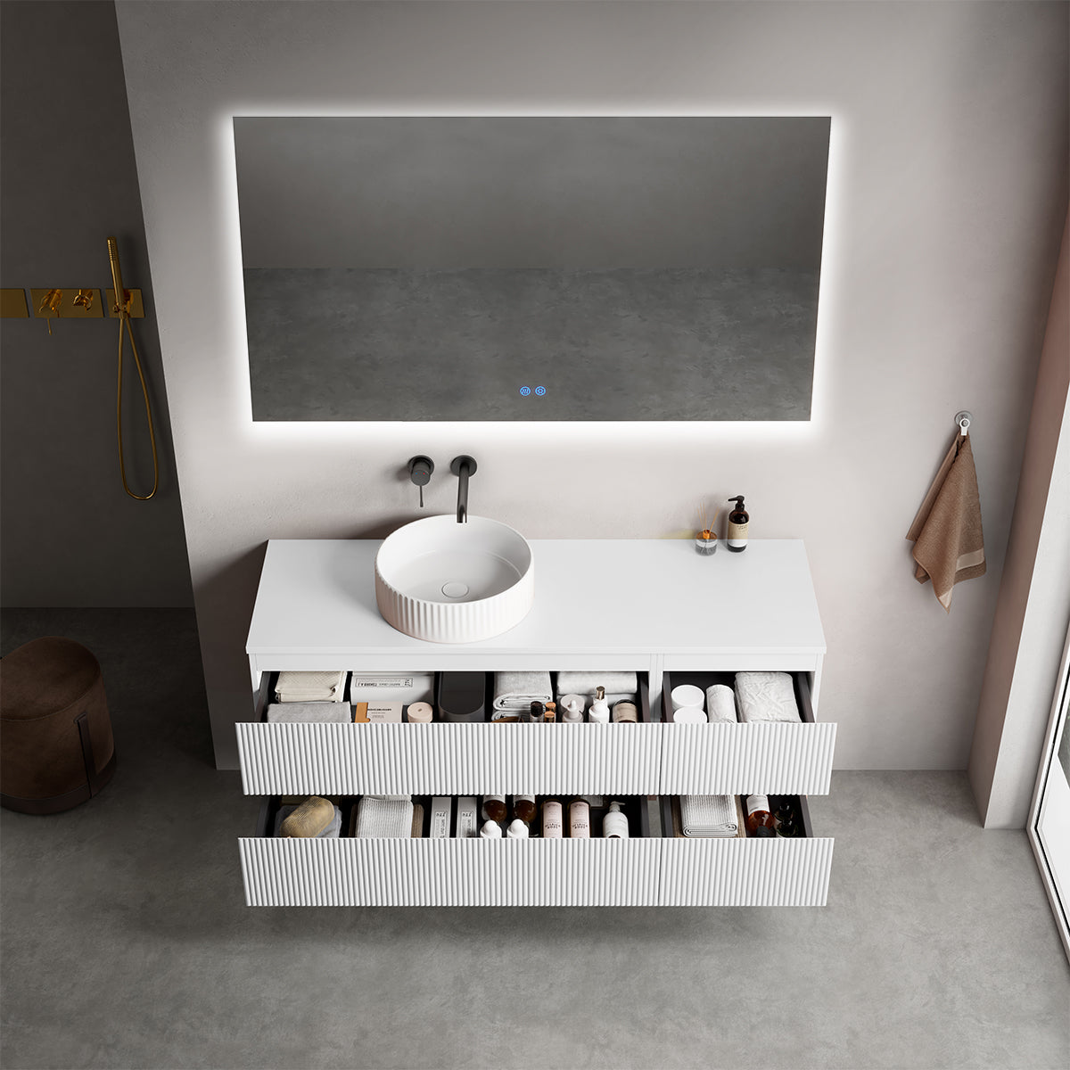 Mobile bagno sospeso cannettato reversibile  140 cm Bianco Opaco per Lavabo d'appoggio Specchio Quadro Retroilluminato - Fiji Paint Top Canneté