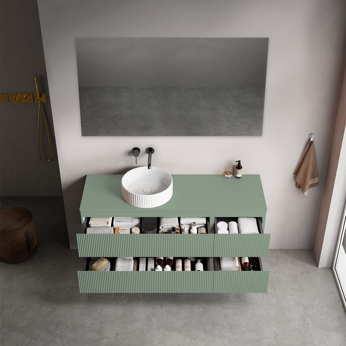 Mobile bagno sospeso cannettato reversibile  140 cm Verde Salvia per Lavabo d'appoggio Specchio Quadro - Fiji Paint Top Canneté