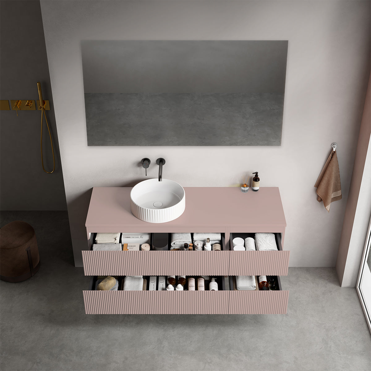 Mobile bagno sospeso cannettato reversibile  140 cm Rosa Retrò per Lavabo d'appoggio Specchio Quadro - Fiji Paint Top Canneté