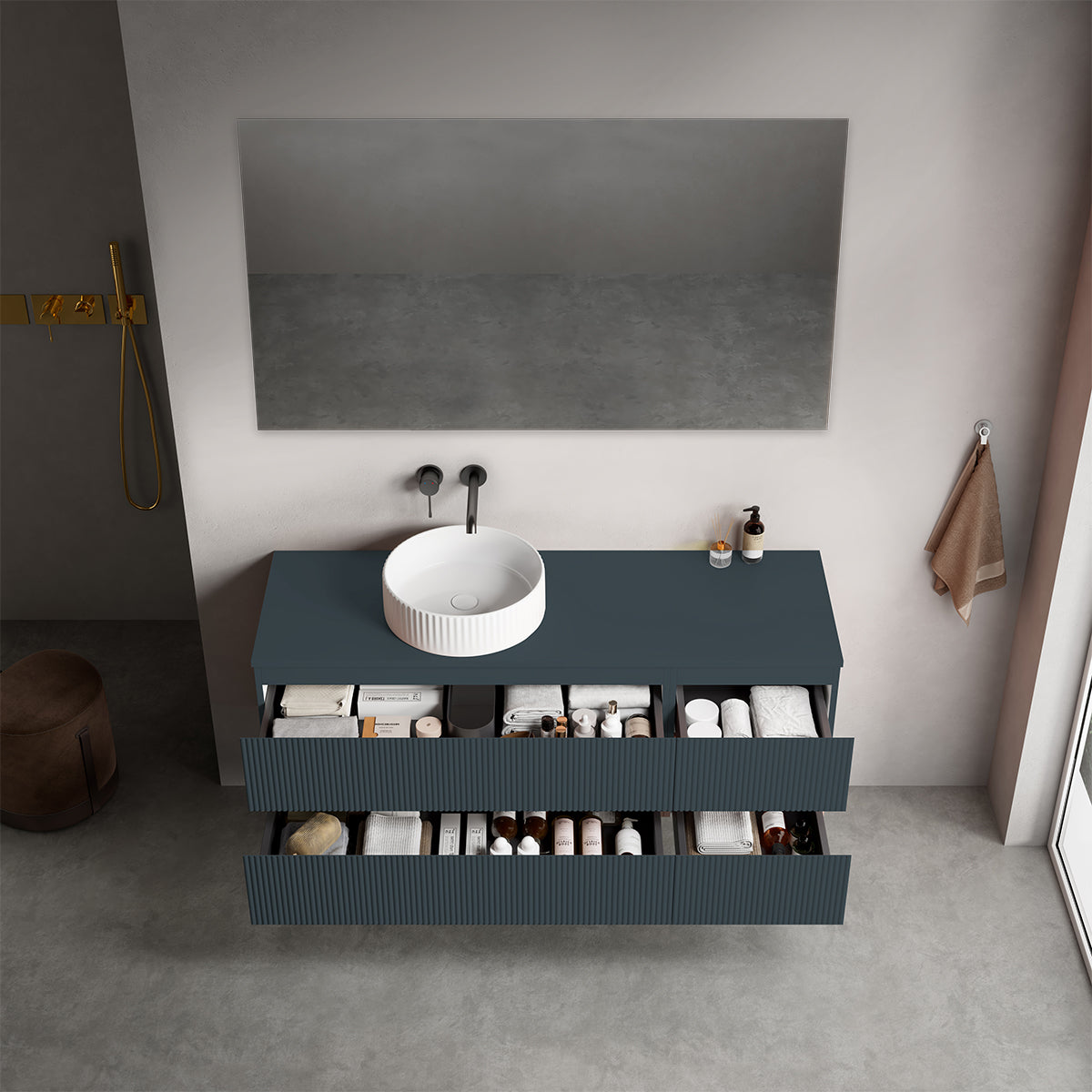 Mobile bagno sospeso cannettato reversibile  140 cm Blu Mare per Lavabo d'appoggio Specchio Quadro - Fiji Paint Top Canneté