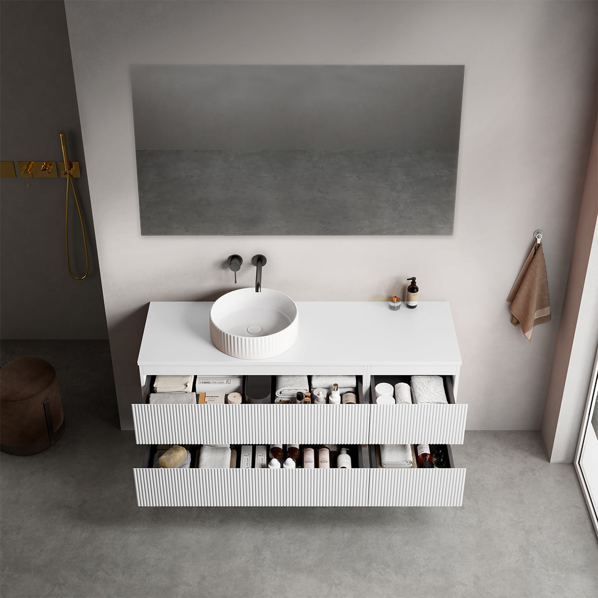 Mobile bagno sospeso cannettato reversibile  140 cm Bianco Opaco per Lavabo d'appoggio Specchio Quadro - Fiji Paint Top Canneté