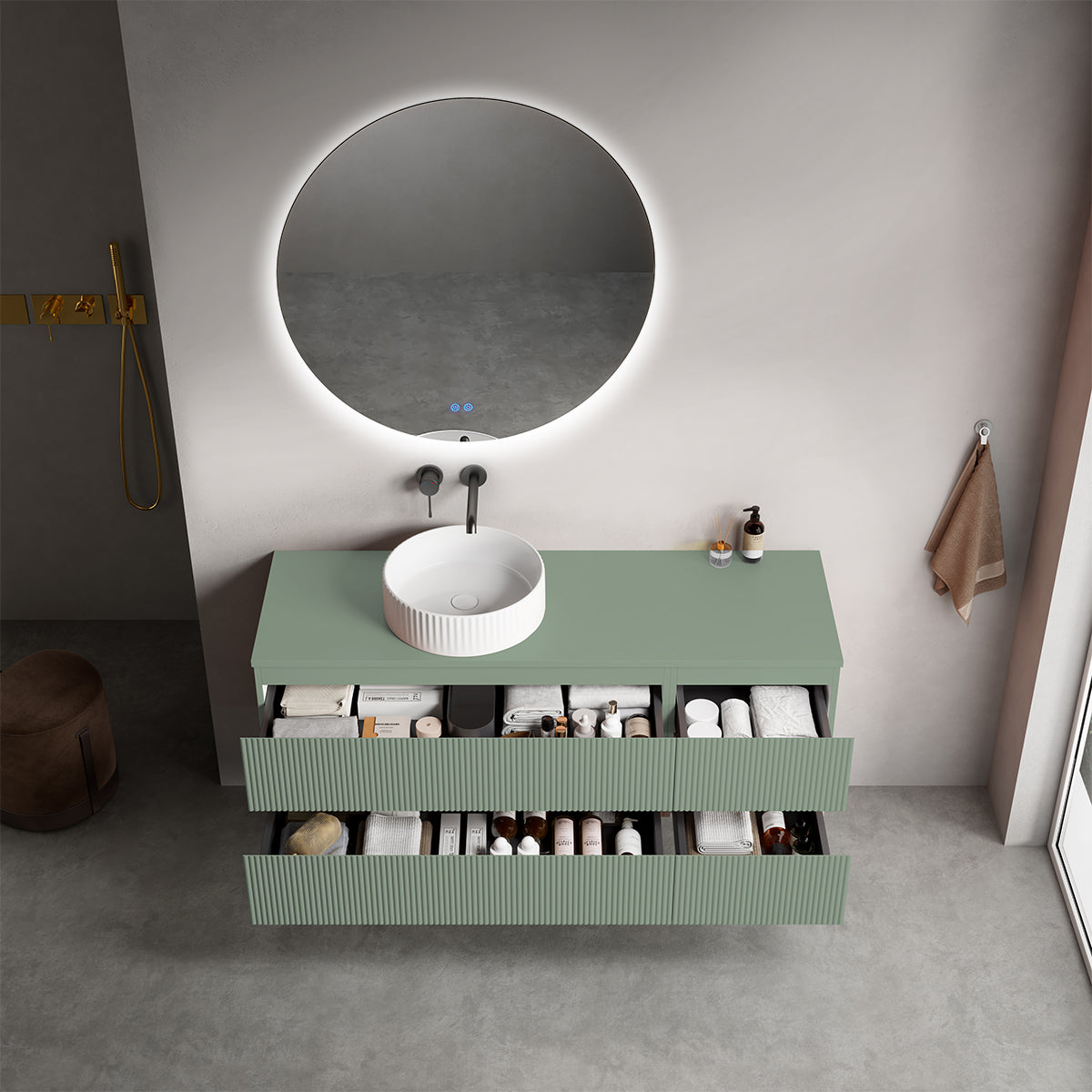 Mobile bagno sospeso cannettato reversibile  140 cm Verde Salvia per Lavabo d'appoggio Specchio Tondo Retroilluminato - Fiji Paint Top Canneté