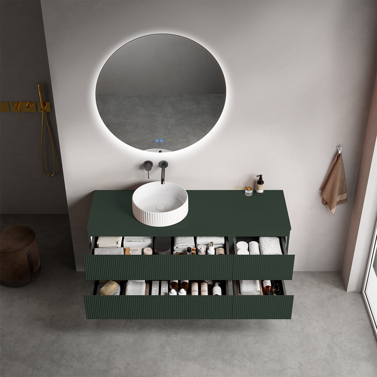 Mobile bagno sospeso cannettato reversibile  140 cm Verde Comodoro  per Lavabo d'appoggio Specchio Tondo Retroilluminato - Fiji Paint Top Canneté