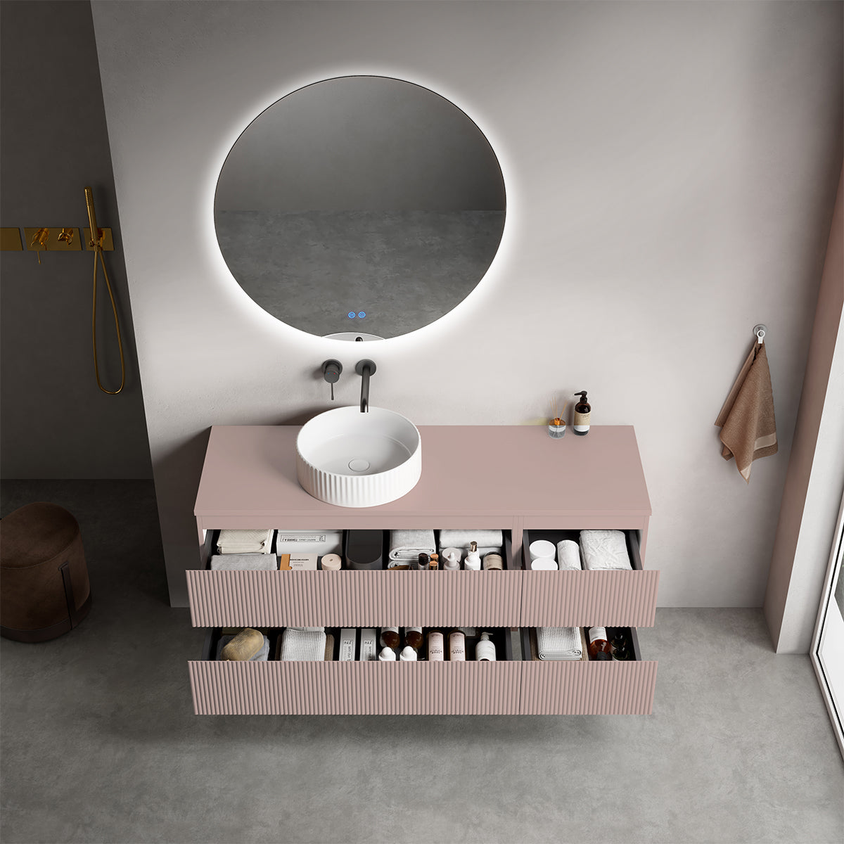 Mobile bagno sospeso cannettato reversibile  140 cm Rosa Retrò per Lavabo d'appoggio Specchio Tondo Retroilluminato - Fiji Paint Top Canneté