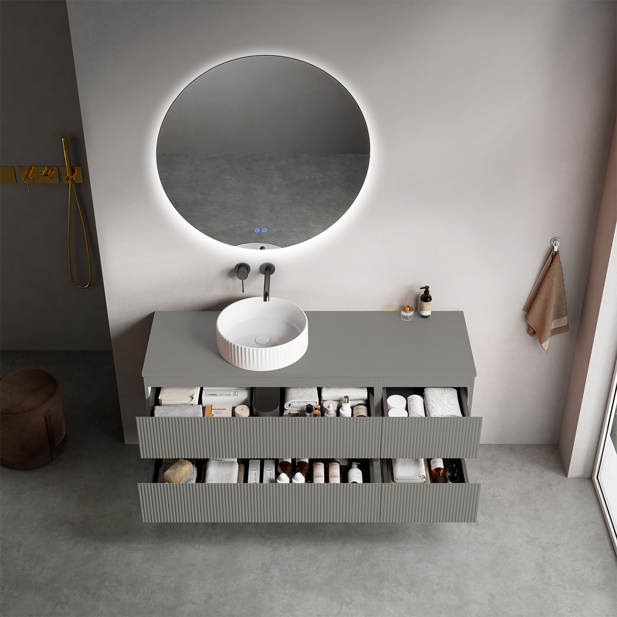 Mobile bagno sospeso cannettato reversibile  140 cm Grigio Londra per Lavabo d'appoggio Specchio Tondo Retroilluminato - Fiji Paint Top Canneté