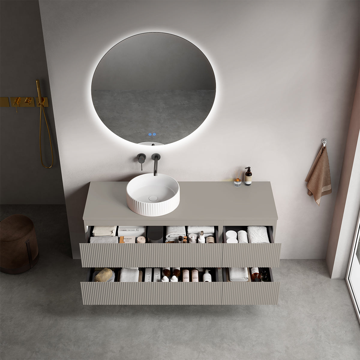 Mobile bagno sospeso cannettato reversibile  140 cm Grigio Cenere  per Lavabo d'appoggio Specchio Tondo Retroilluminato - Fiji Paint Top Canneté