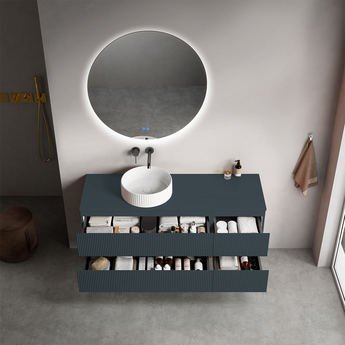 Mobile bagno sospeso cannettato reversibile  140 cm Blu Mare per Lavabo d'appoggio Specchio Tondo Retroilluminato - Fiji Paint Top Canneté