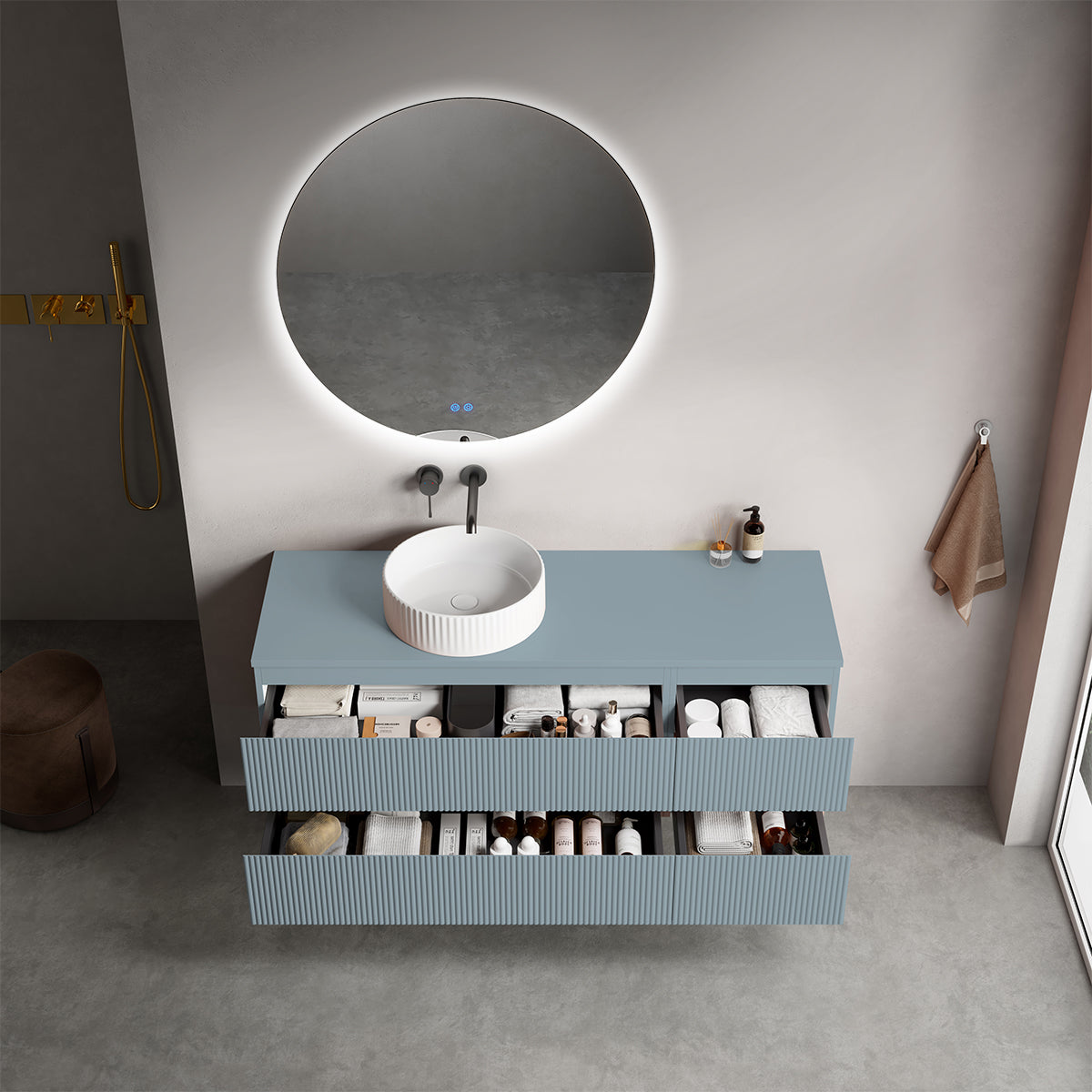 Mobile bagno sospeso cannettato reversibile  140 cm Blu Avio per Lavabo d'appoggio Specchio Tondo Retroilluminato - Fiji Paint Top Canneté