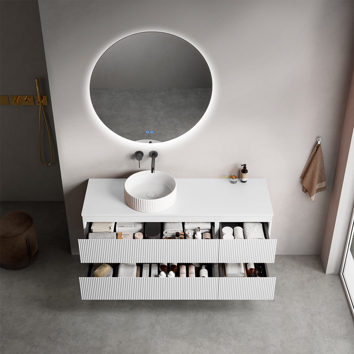 Mobile bagno sospeso cannettato reversibile  140 cm Bianco Opaco per Lavabo d'appoggio Specchio Tondo Retroilluminato - Fiji Paint Top Canneté