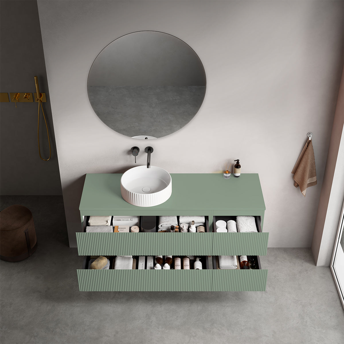 Mobile bagno sospeso cannettato reversibile  140 cm Verde Salvia per Lavabo d'appoggio Specchio Tondo - Fiji Paint Top Canneté