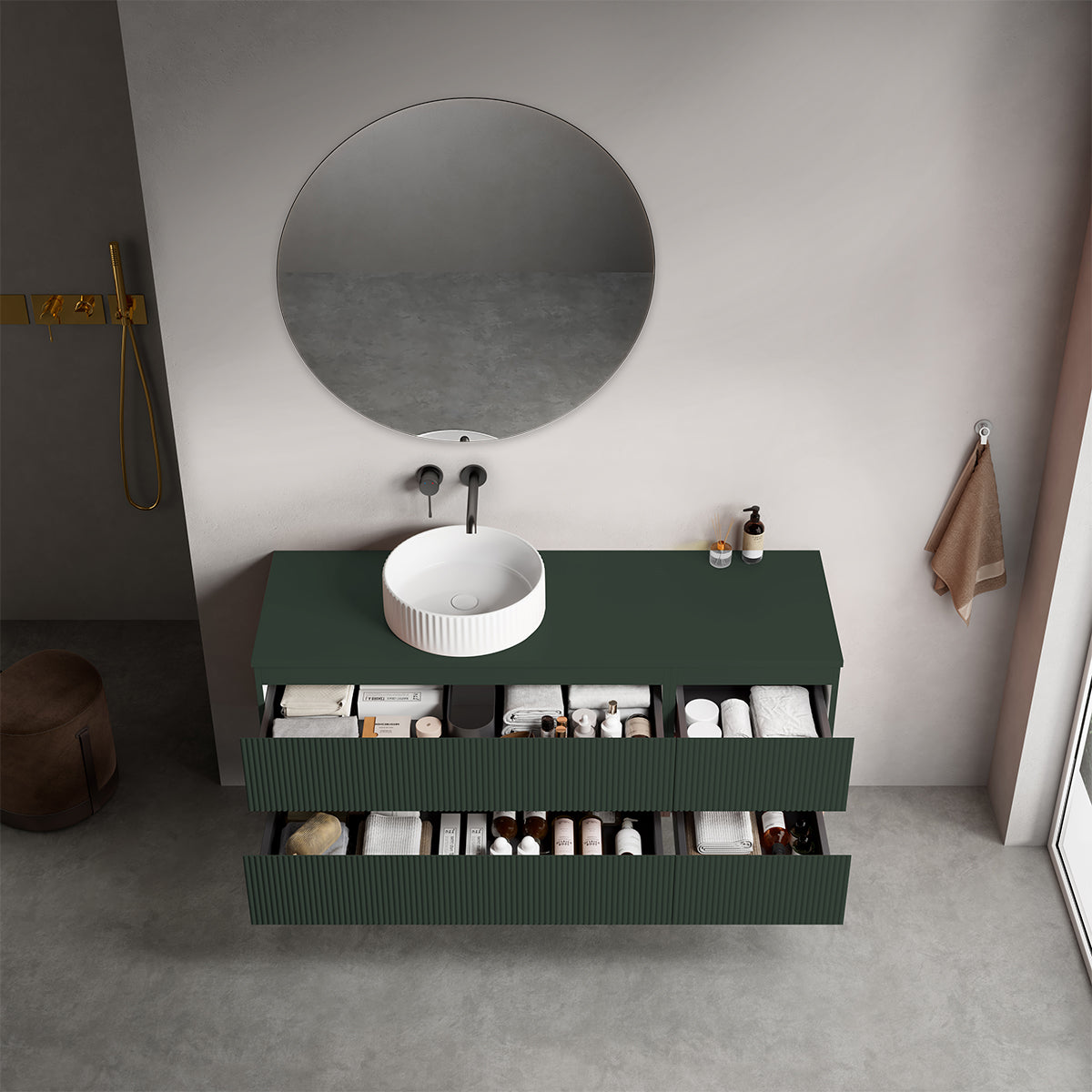 Mobile bagno sospeso cannettato reversibile  140 cm Verde Comodoro  per Lavabo d'appoggio Specchio Tondo - Fiji Paint Top Canneté