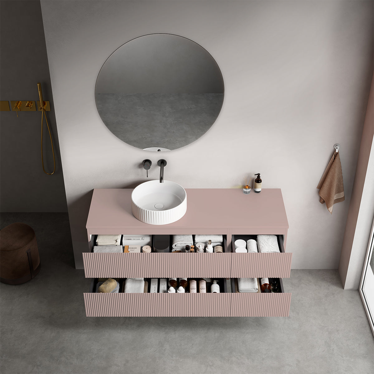 Mobile bagno sospeso cannettato reversibile  140 cm Rosa Retrò per Lavabo d'appoggio Specchio Tondo - Fiji Paint Top Canneté