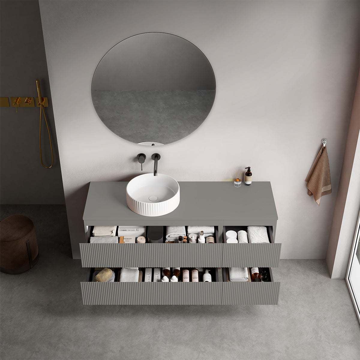 Mobile bagno sospeso cannettato reversibile  140 cm Grigio Londra per Lavabo d'appoggio Specchio Tondo - Fiji Paint Top Canneté