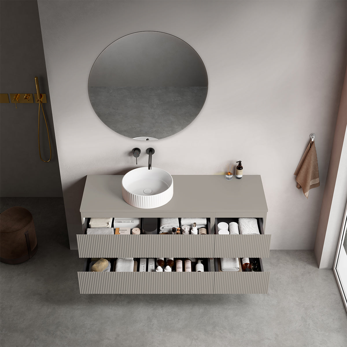 Mobile bagno sospeso cannettato reversibile  140 cm Grigio Cenere  per Lavabo d'appoggio Specchio Tondo - Fiji Paint Top Canneté