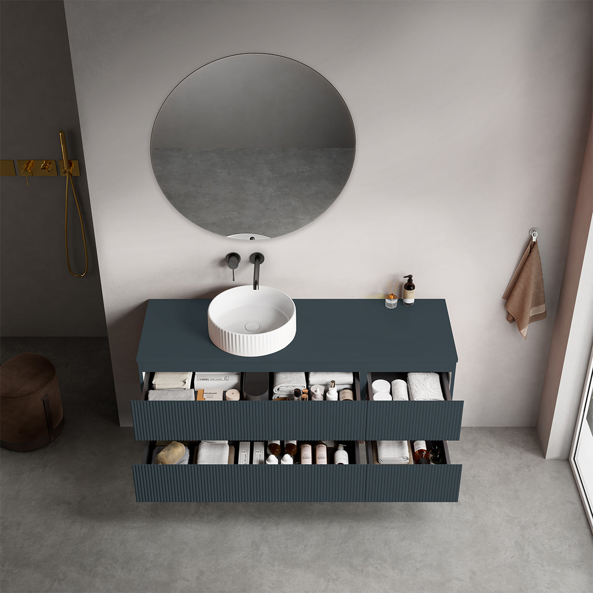 Mobile bagno sospeso cannettato reversibile  140 cm Blu Mare per Lavabo d'appoggio Specchio Tondo - Fiji Paint Top Canneté