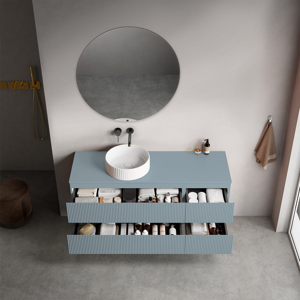 Mobile bagno sospeso cannettato reversibile  140 cm Blu Avio per Lavabo d'appoggio Specchio Tondo - Fiji Paint Top Canneté