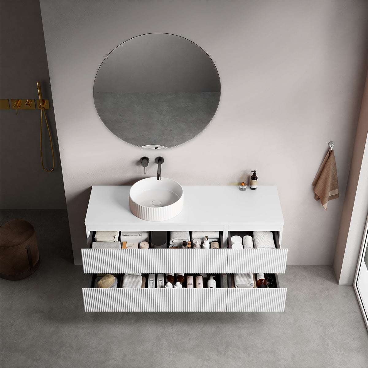 Mobile bagno sospeso cannettato reversibile  140 cm Bianco Opaco per Lavabo d'appoggio Specchio Tondo - Fiji Paint Top Canneté