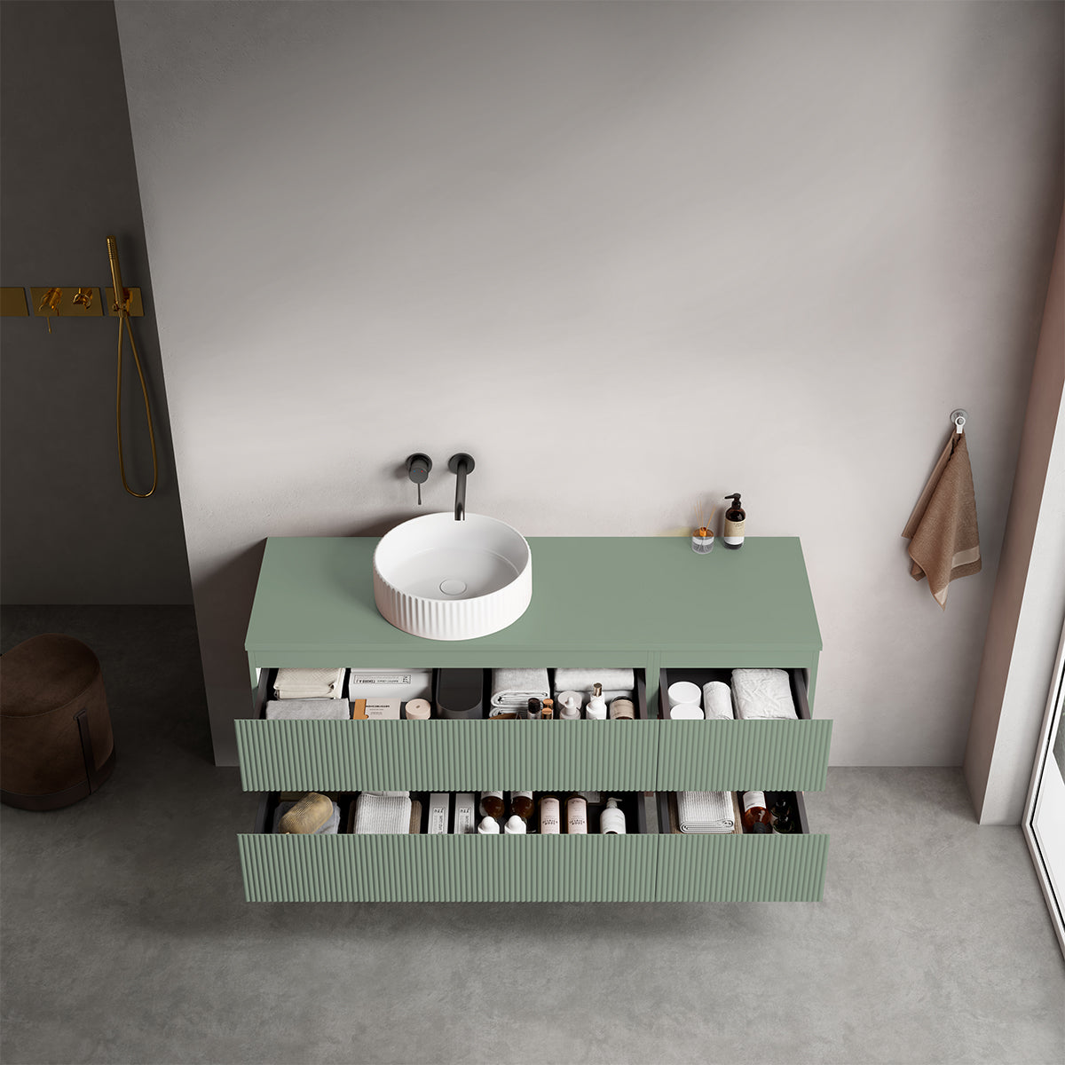 Mobile bagno sospeso cannettato reversibile  140 cm Verde Salvia per Lavabo d'appoggio Senza Specchio - Fiji Paint Top Canneté