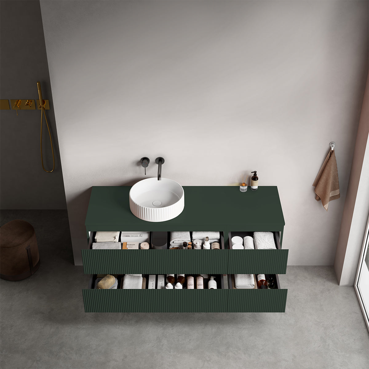 Mobile bagno sospeso cannettato reversibile  140 cm Verde Comodoro  per Lavabo d'appoggio Senza Specchio - Fiji Paint Top Canneté