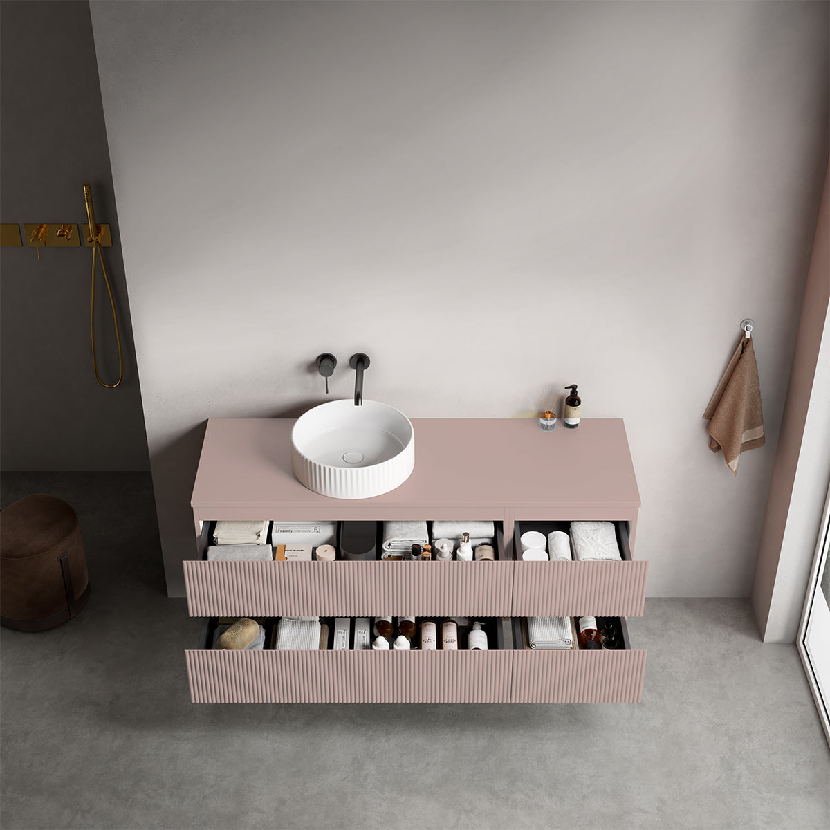 Mobile bagno sospeso cannettato reversibile  140 cm Rosa Retrò per Lavabo d'appoggio Senza Specchio - Fiji Paint Top Canneté