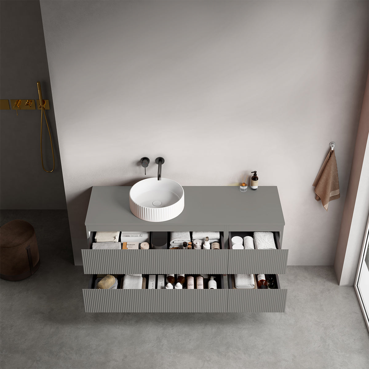 Mobile bagno sospeso cannettato reversibile  140 cm Grigio Londra per Lavabo d'appoggio Senza Specchio - Fiji Paint Top Canneté