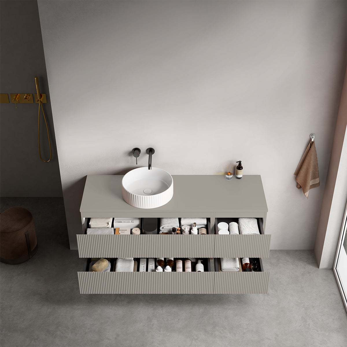 Mobile bagno sospeso cannettato reversibile  140 cm Grigio Cenere  per Lavabo d'appoggio Senza Specchio - Fiji Paint Top Canneté