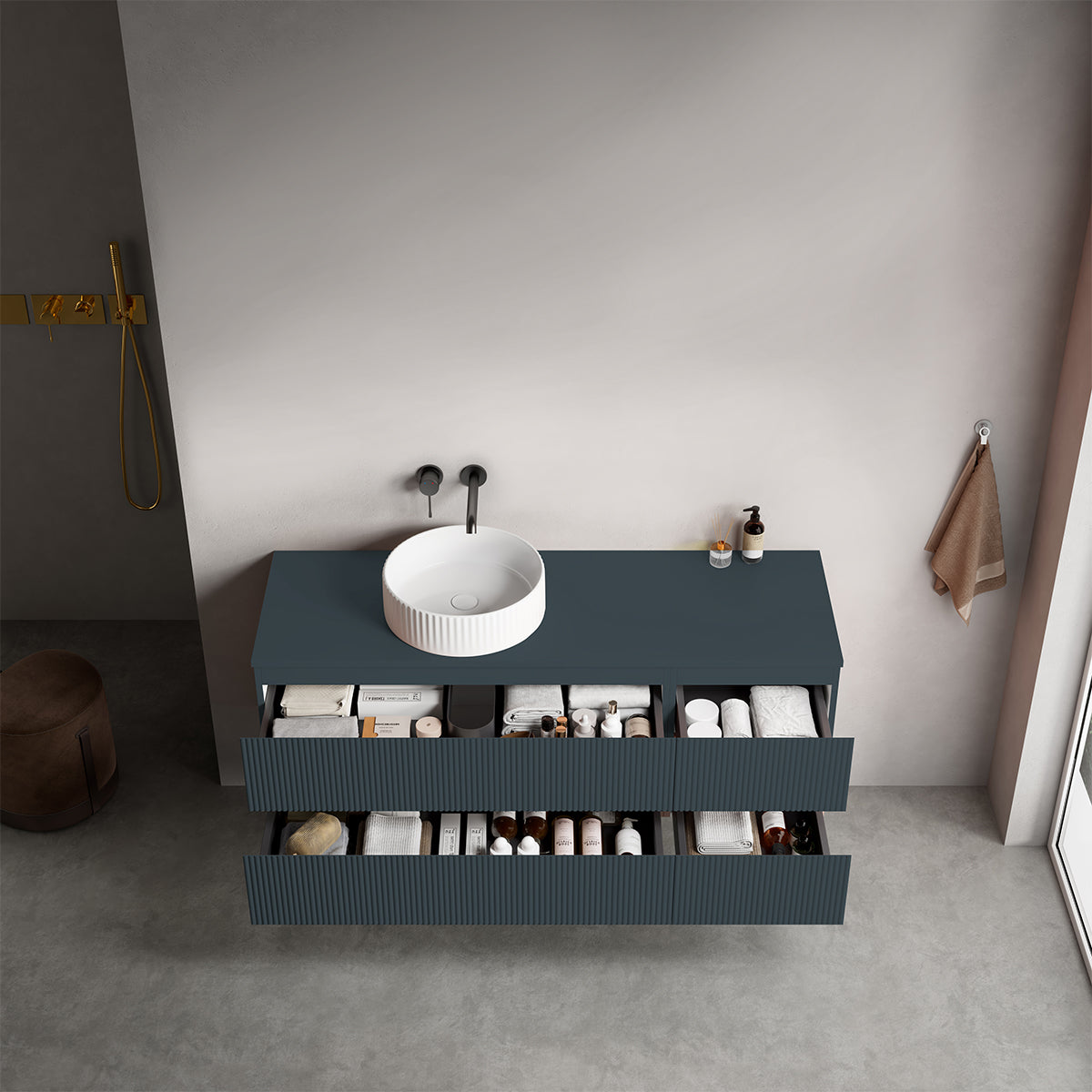 Mobile bagno sospeso cannettato reversibile  140 cm Blu Mare per Lavabo d'appoggio Senza Specchio - Fiji Paint Top Canneté